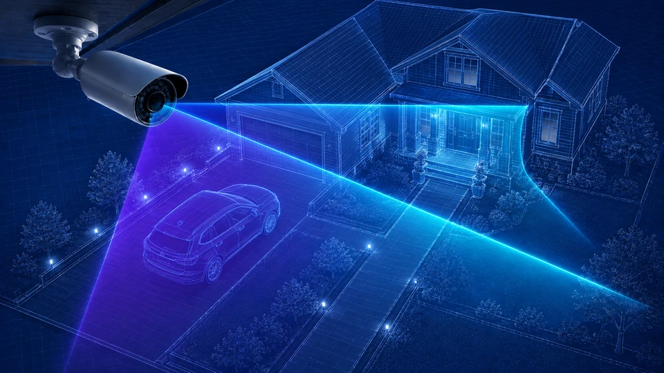 Premium CCTV coverage illustration showing a home driveway, car, porch and approach zones