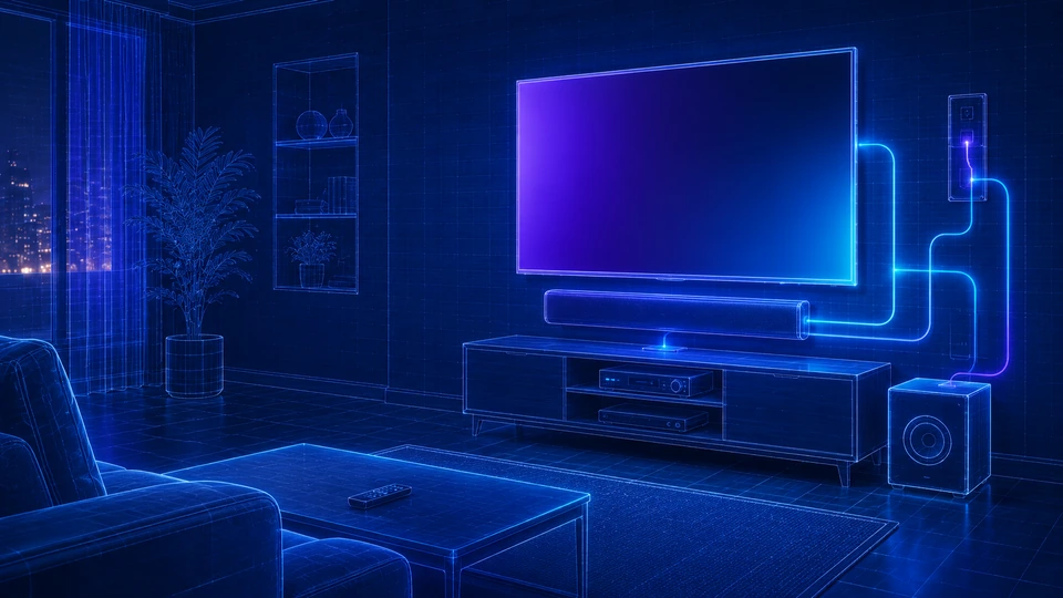 Premium room illustration showing a TV, soundbar and neatly routed cables