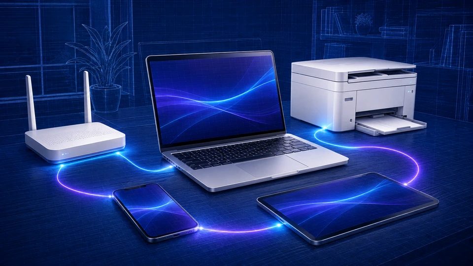 Premium workspace illustration showing router, laptop, tablet, phone and printer connected together