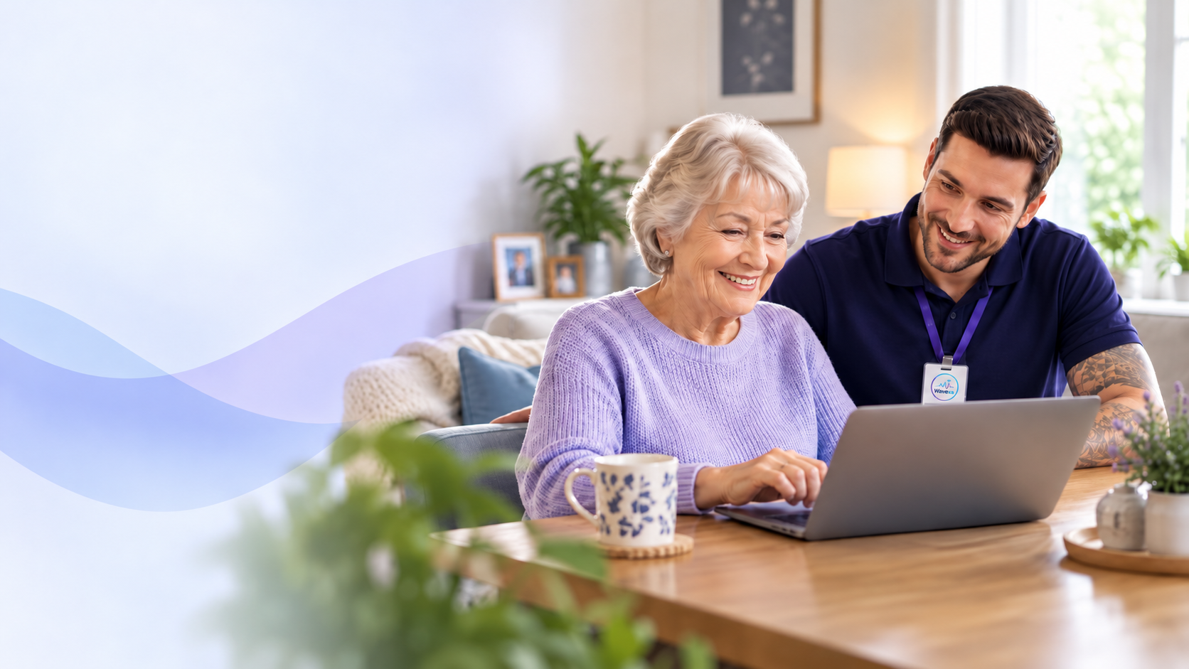 Wavexa engineer providing patient technology guidance to a customer using a laptop at home