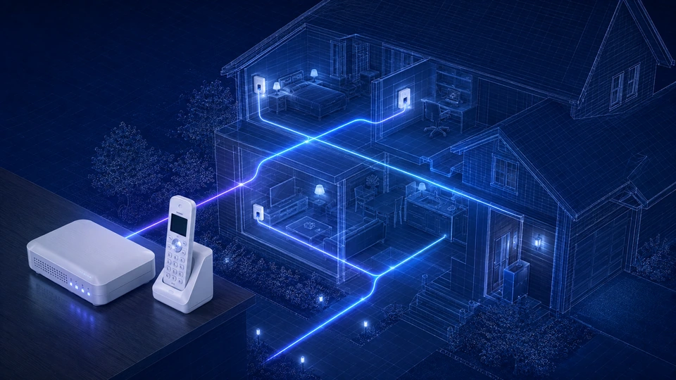 Digital Voice visual showing a home phone base station connected through a router into multiple areas of the home