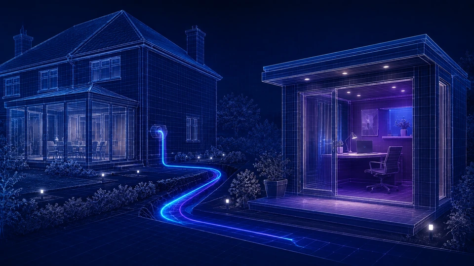 Premium illustration showing a house connected by a hardwired route to a garden office
