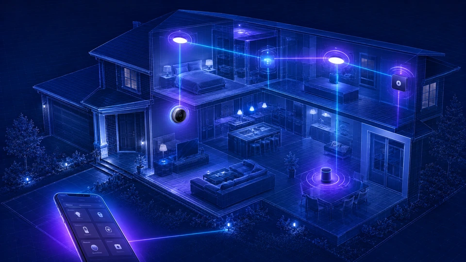 Premium smart home blueprint illustration showing connected lighting, thermostat, speaker and app control