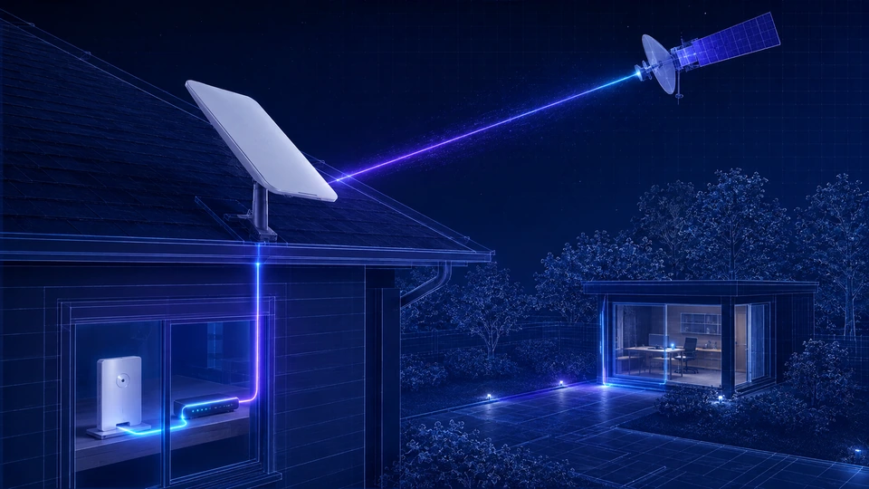 Premium Starlink illustration showing a property dish, satellite link and connectivity to the home and garden office