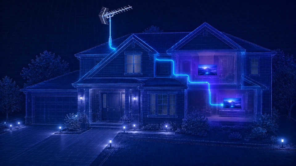 Premium TV aerial illustration showing aerial signal routed into different rooms of a home