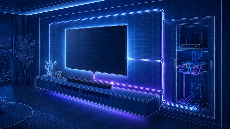 Premium illustration of a media wall with TV, soundbar and networked AV components