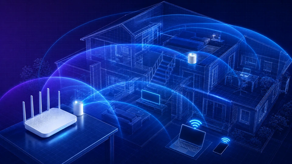 Premium WiFi coverage illustration showing a home with router, devices and signal coverage zones