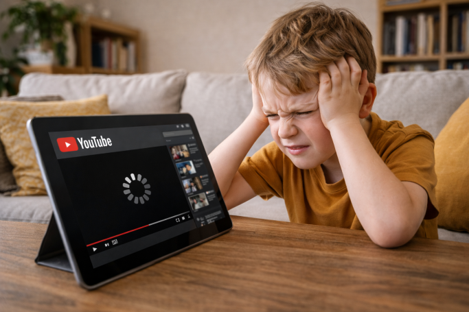 A frustrated boy holds his head while waiting for a video to load on a tablet.