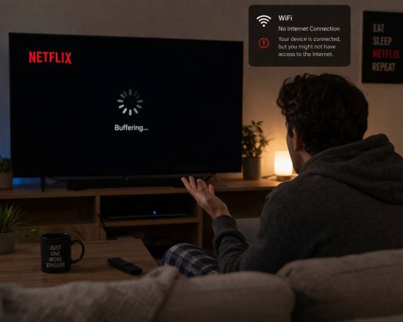 Person sitting on a couch, looking at a loading screen on a Netflix TV.