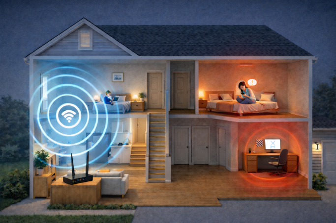 A diagram of a house showing Wi-Fi coverage in different rooms.